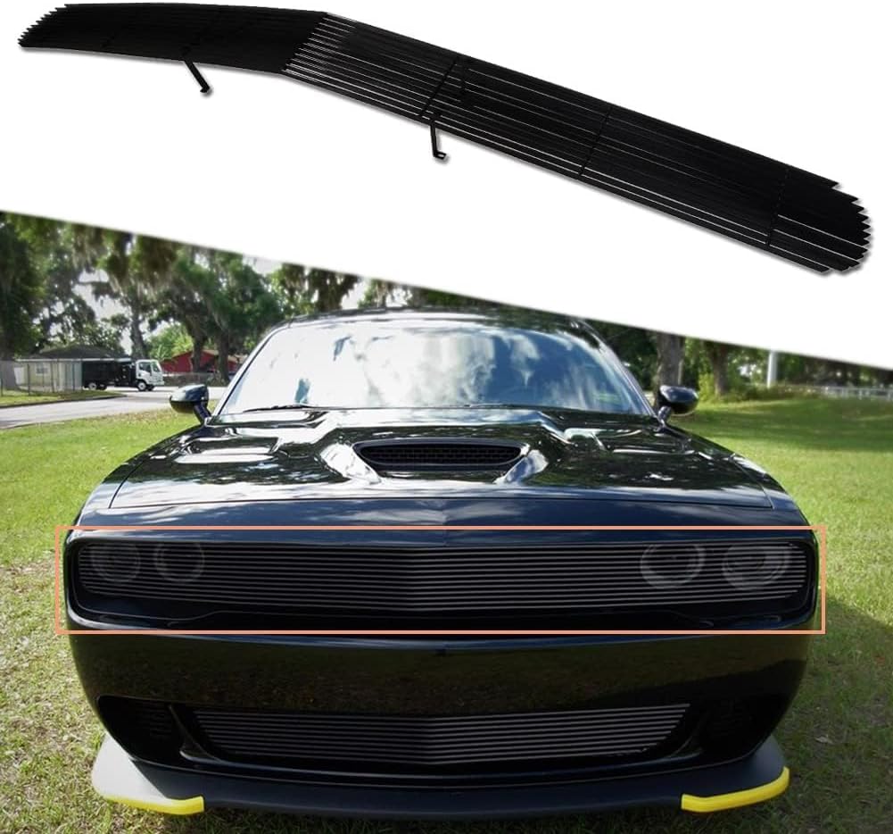 Rejilla frontal negra Billet compatible con Dodge Challenger Phantom 2015-2021 (revestimiento de polvo negro + parte superior principal)