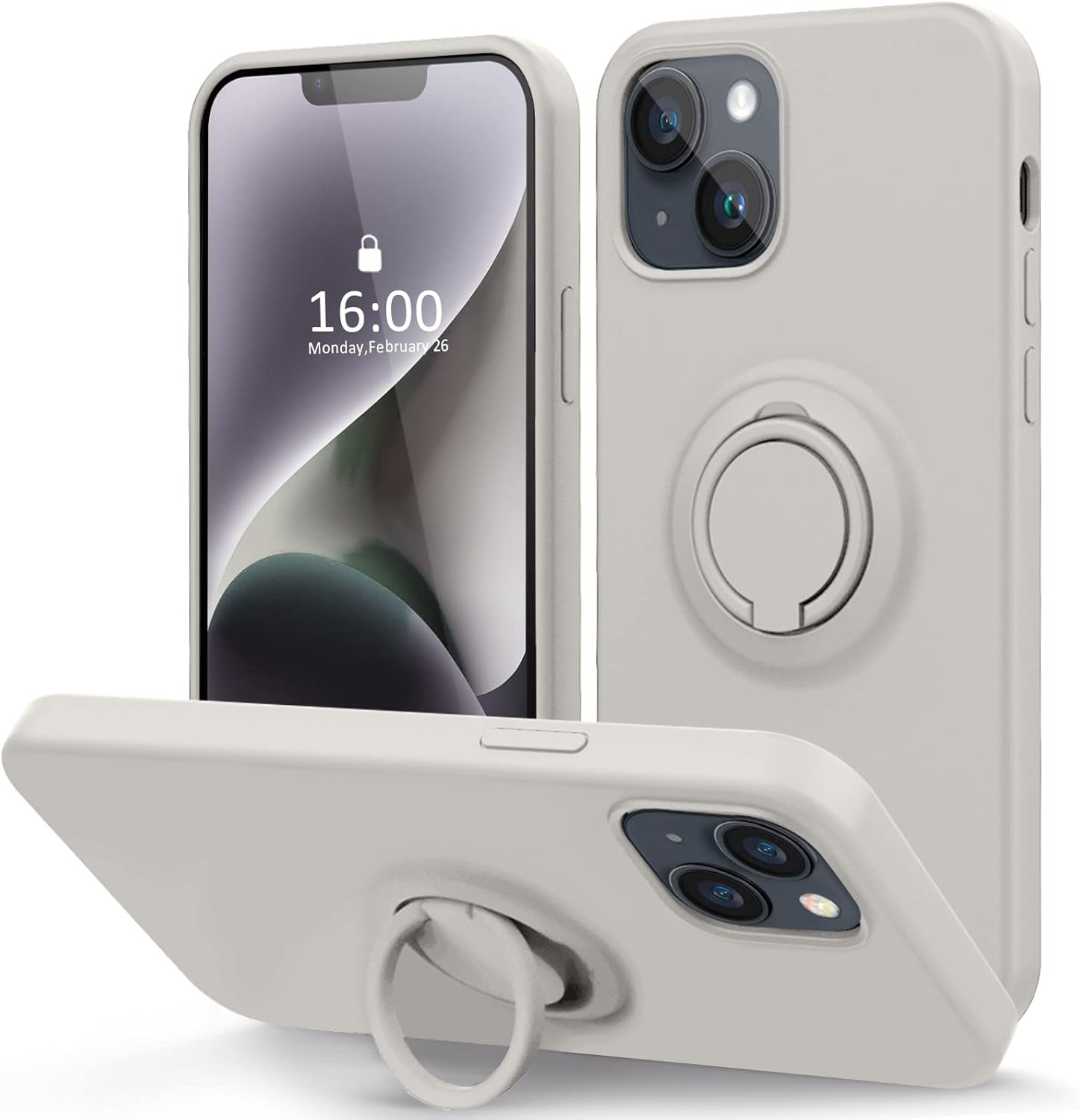 MOCCA Funda compatible con iPhone 14 Plus con soporte de anillo, silicona líquida, forro de microfibra, funda protectora antiarañazos de cuerpo