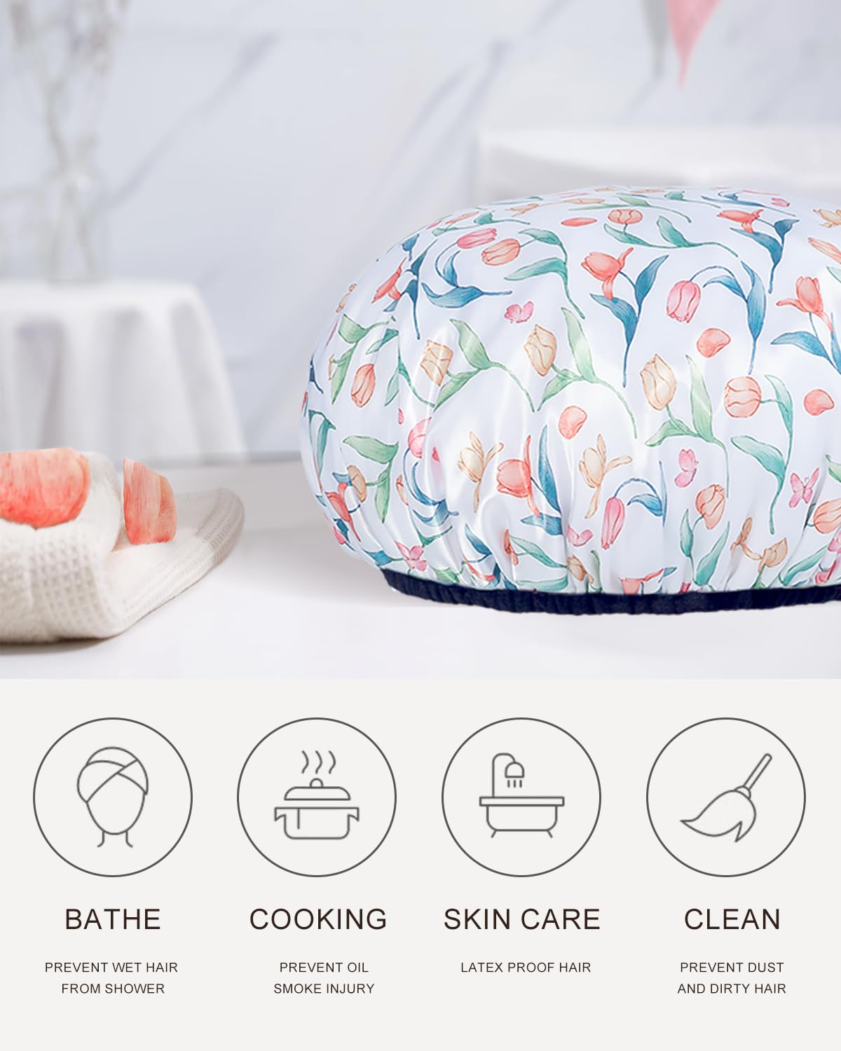 Aquior Gorro de ducha con forro de rizo para mujer, gorro de ducha reutilizable, triple capa impermeable, extra grande para mujeres de pelo largo