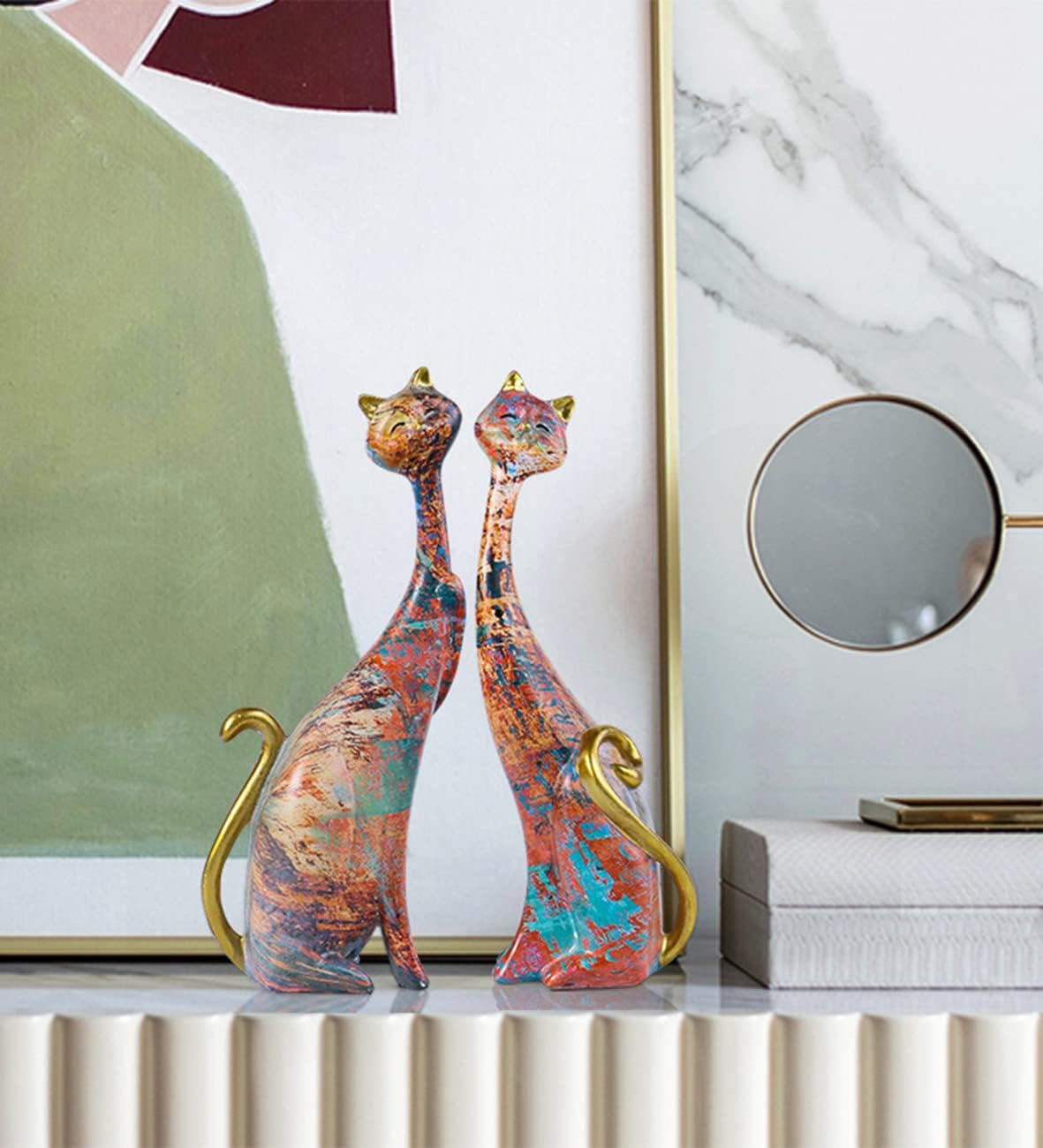 Gato creativo abstracto pintura al óleo animales estatua decoración del hogar resina obra de arte par
