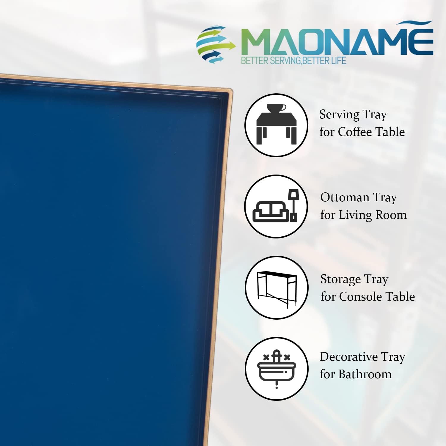 MAONAME Bandeja de servir azul rey con asas, bandeja decorativa rectangular, bandeja moderna de mesa de café, bandeja otomana de plástico para baño,