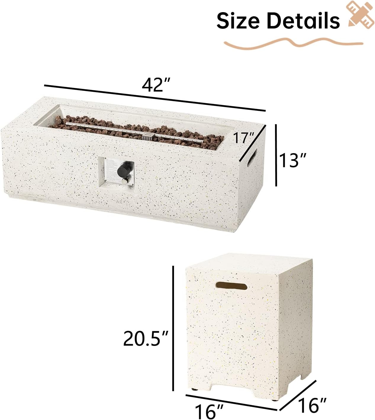 HOMPUS Fogata de propano para exteriores, 50,000 BTU, 42 x 17 pulgadas, mesa rectangular de gas de hormigón para exteriores, muebles sin humo con