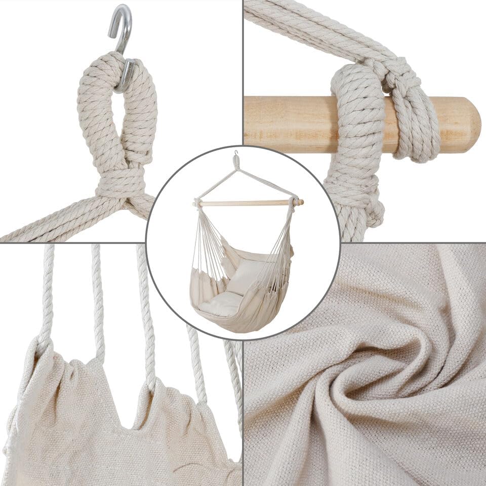 Silla hamaca beige columpio colgante de cuerda silla de red porche patio con 2 cojines