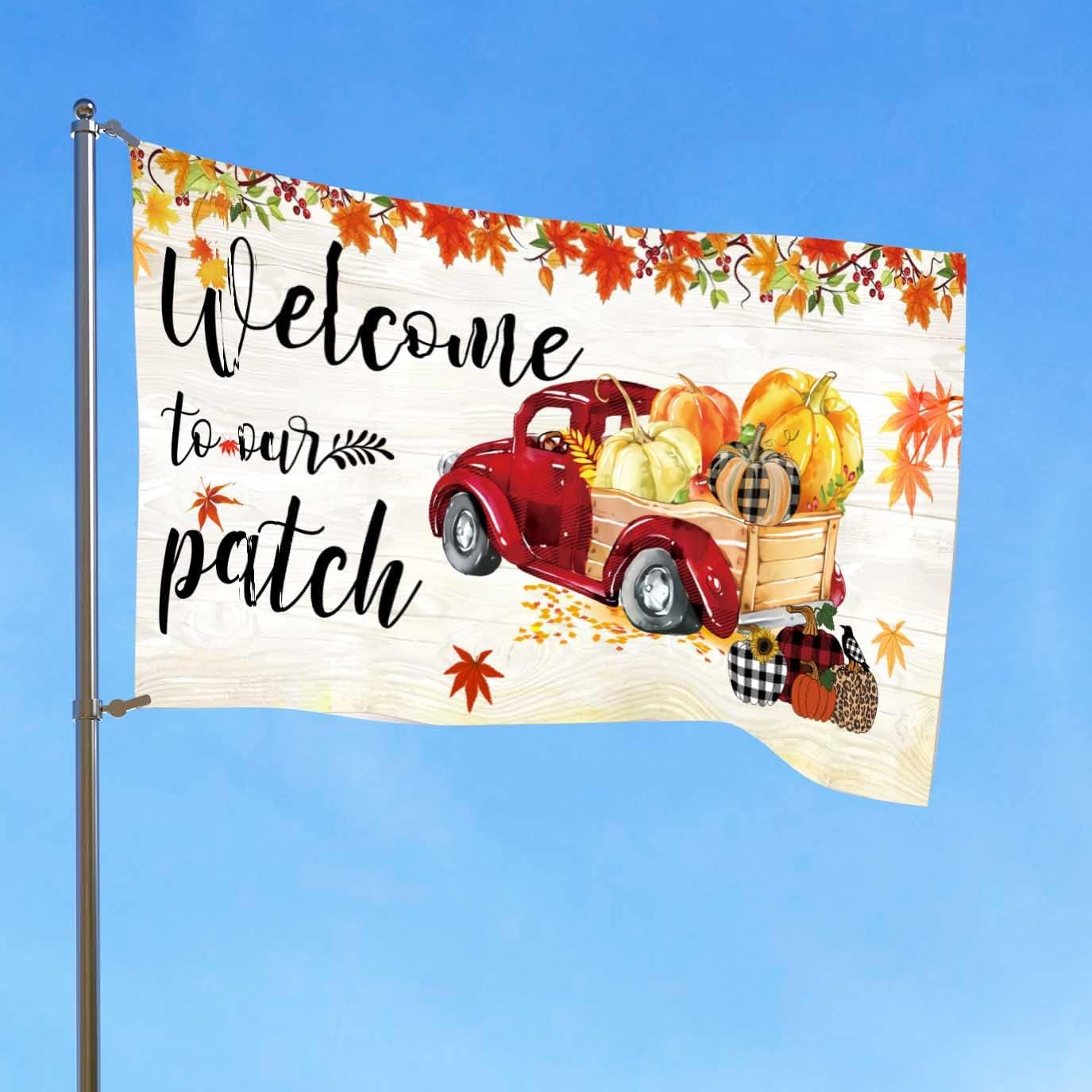 FLCHWY Bienvenido a nuestra bandera de parche de 3 x 5 pies, bandera de hojas de arce de calabaza, cosecha de otoño y verano, decoración de