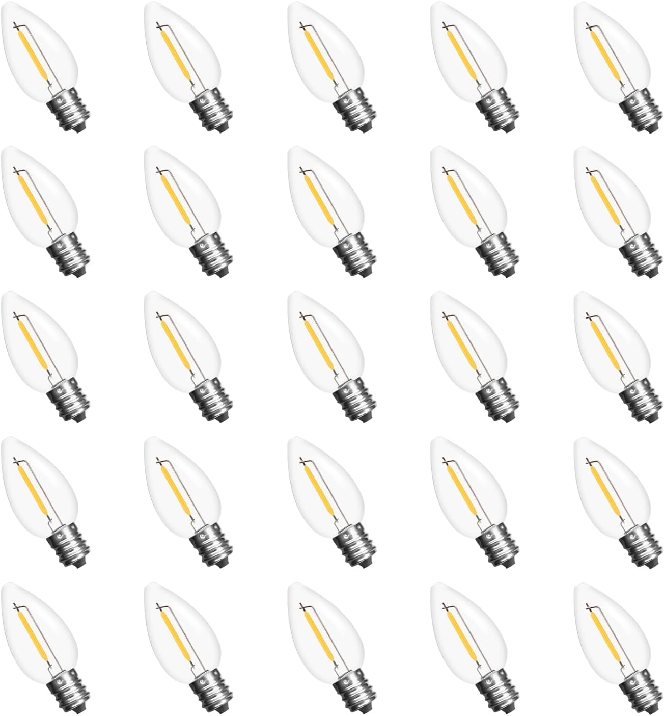 Jslinter Paquete de 25 bombillas LED C7 de repuesto, 1 W (equivalente a 11 W), 60 LM, 2200 K blanco cálido, inastillable, base de tornillo E12,
