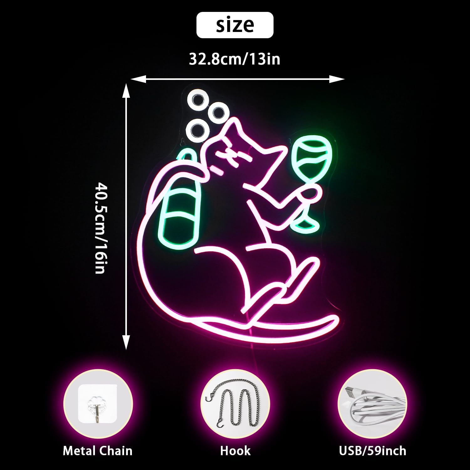 NOSUN Letrero de neón de cerveza de gato, divertidos letreros de neón para decoración de pared, letrero LED de gato regulable, letreros de barra de