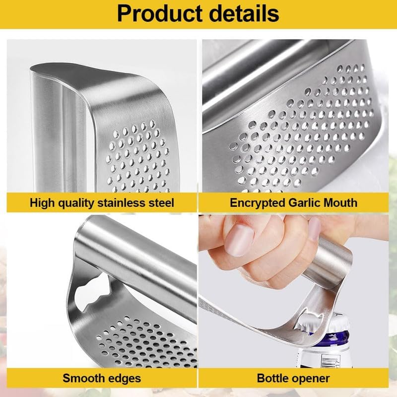 2024 New Stainless Steel Garlic Presser, Garlic Press Rocker Garlic Mincer Garlic Crusher with Peeler and Cleaning Brush, Garlic Chopper for Smash