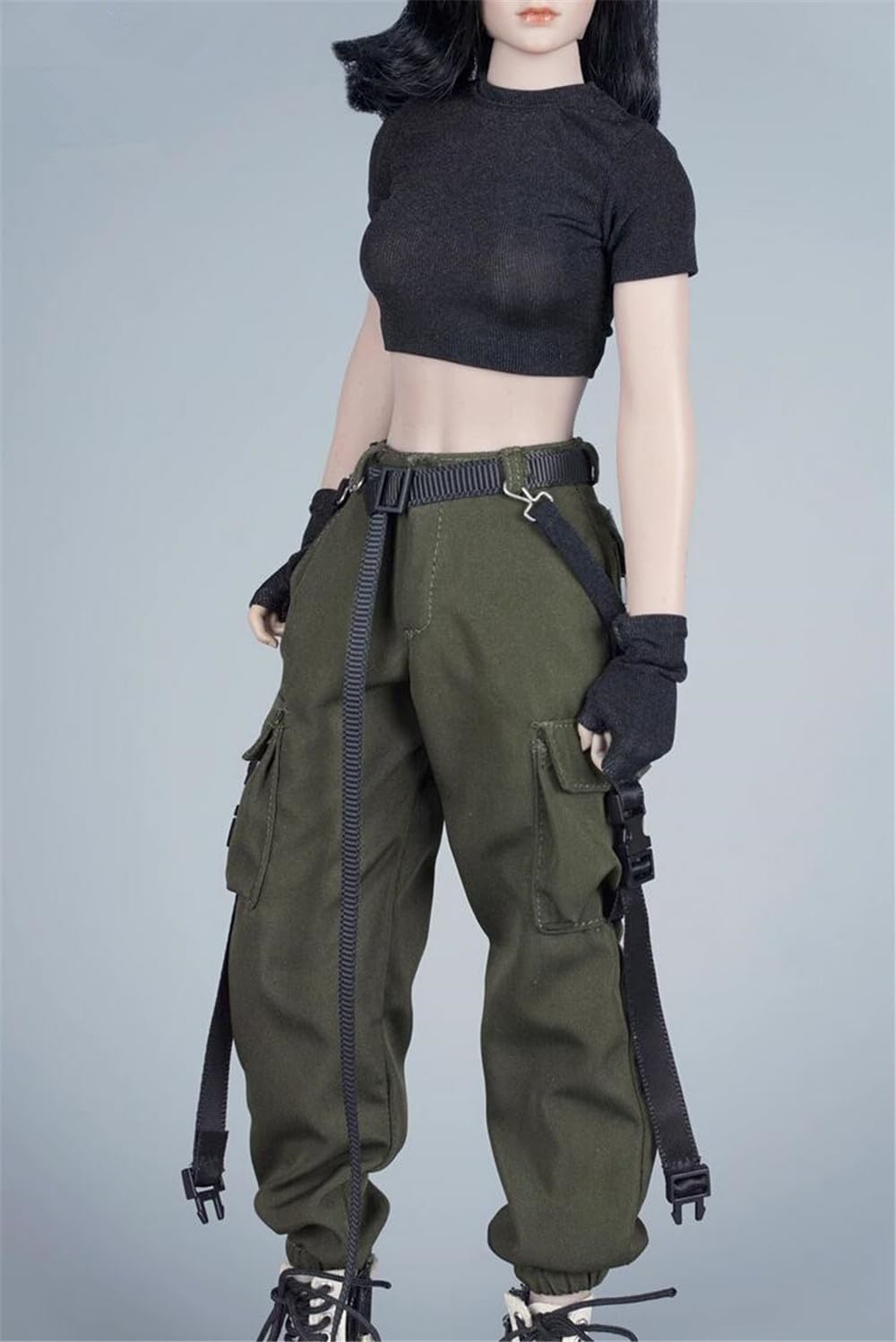 Ropa femenina a escala 16, camiseta y pantalones, guante, cinturón, traje de disfraz para soldado de 12 pulgadas, figura de acción (camisa negra +