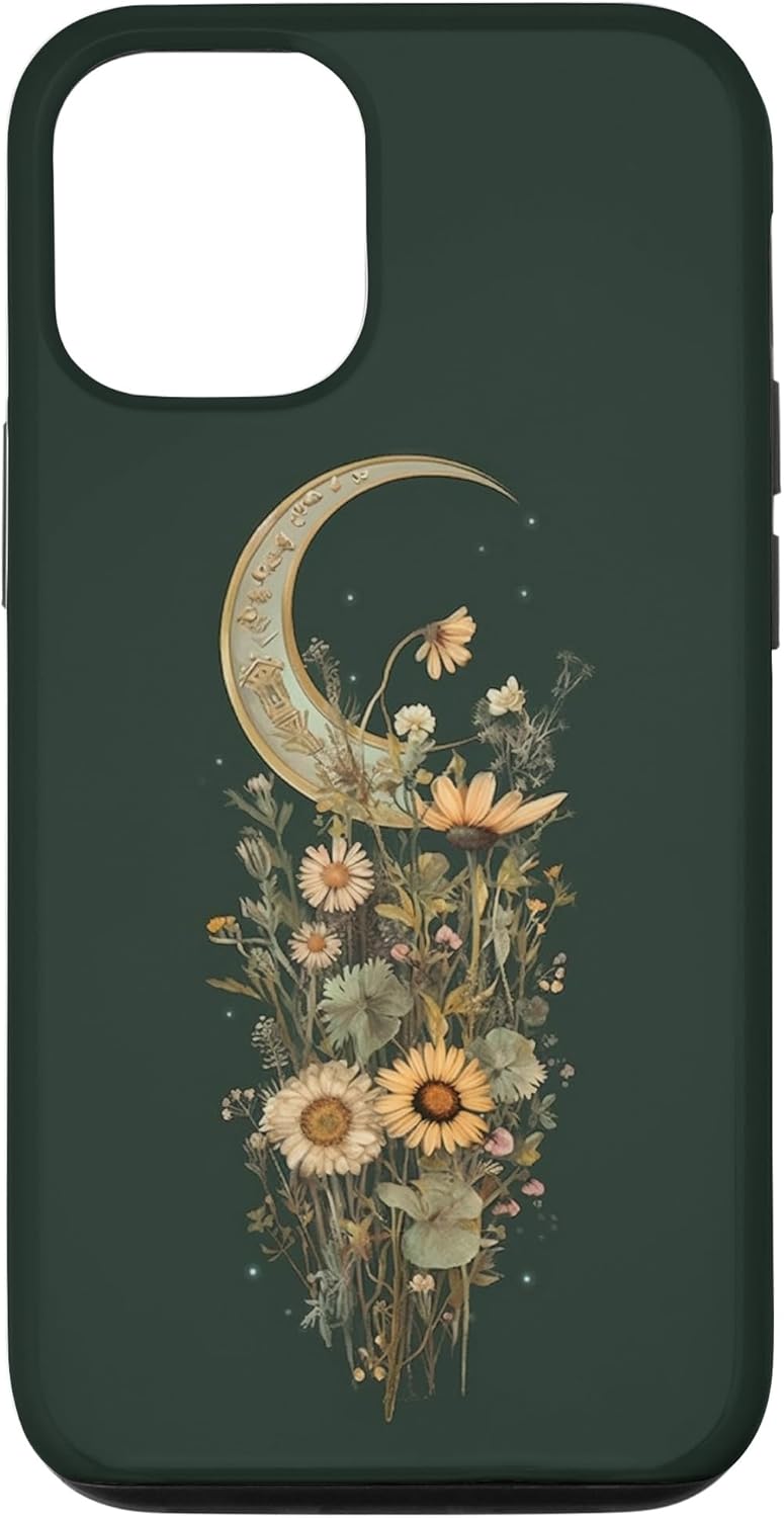 Funda Boho Moon Wildflower Floral on Sage Green Background para iPhone 13