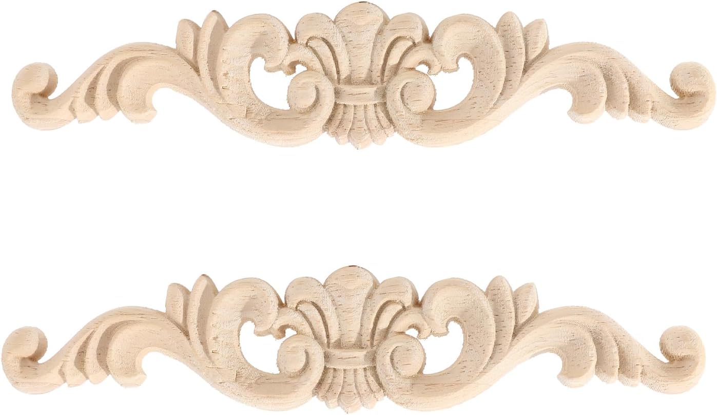 2 apliques de madera largos onlays decorativos de madera, apliques de madera tallada sin pintar para puerta de cama, armario, decoración de muebles