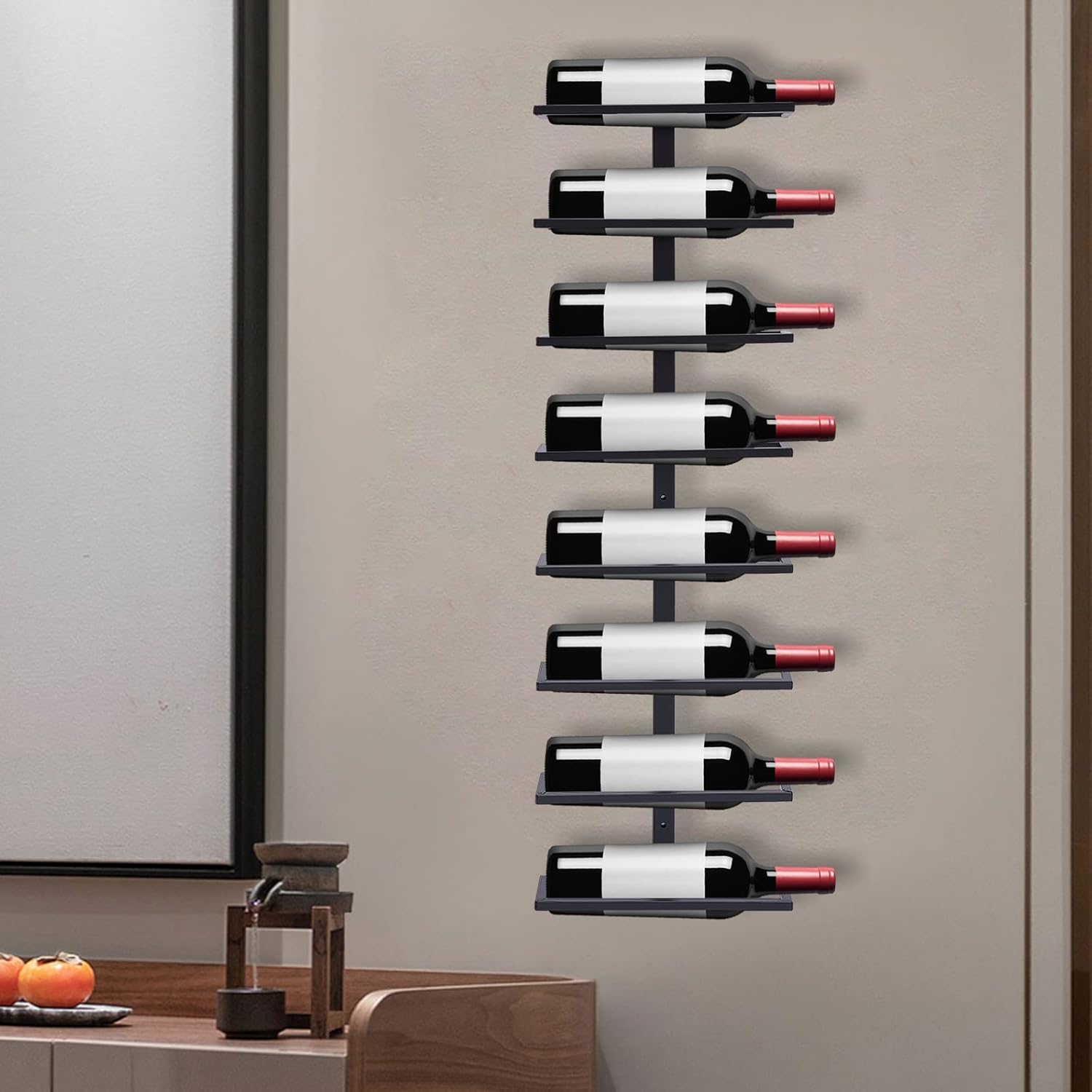 LEYSRIS Estante de vino de pared de 8 niveles, fácil acceso, almacenamiento de metal para vino negro, ahorro de espacio, con 8 botellas