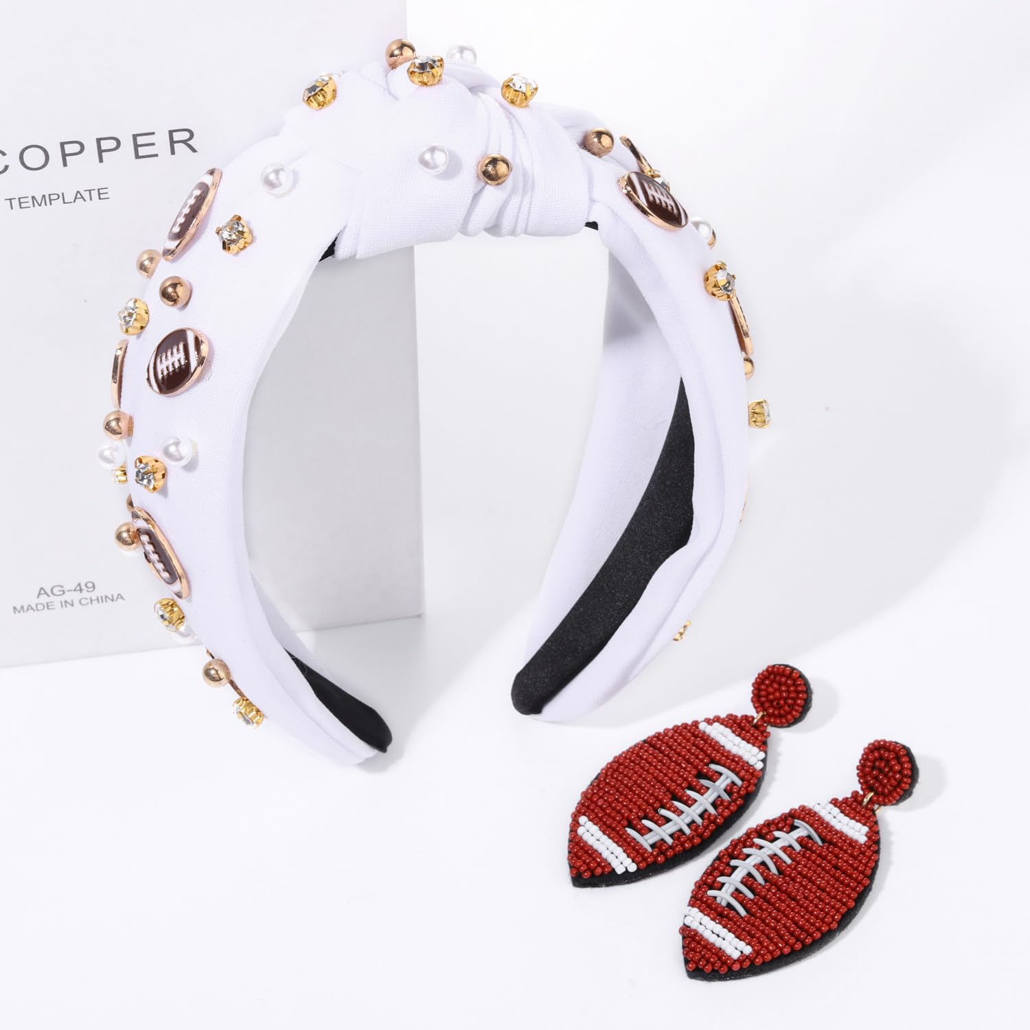 Diadema anudada de fútbol con diamantes de imitación, diadema ancha con cuentas de fútbol, aretes colgantes para el día del juego, accesorios para
