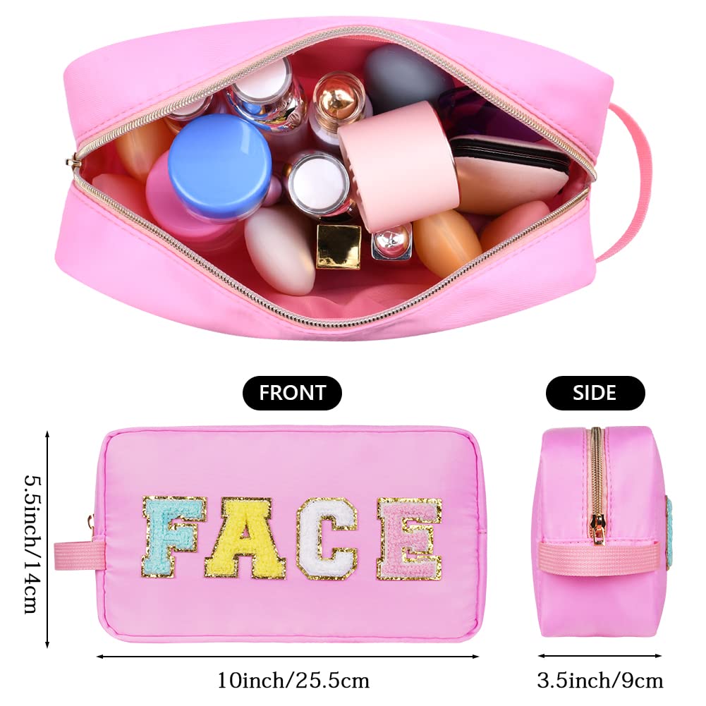 Bolsa de cosméticos de nailon con parche de letras universitarias de chenilla, organizador de bolsas de viaje para el cuidado de la piel para