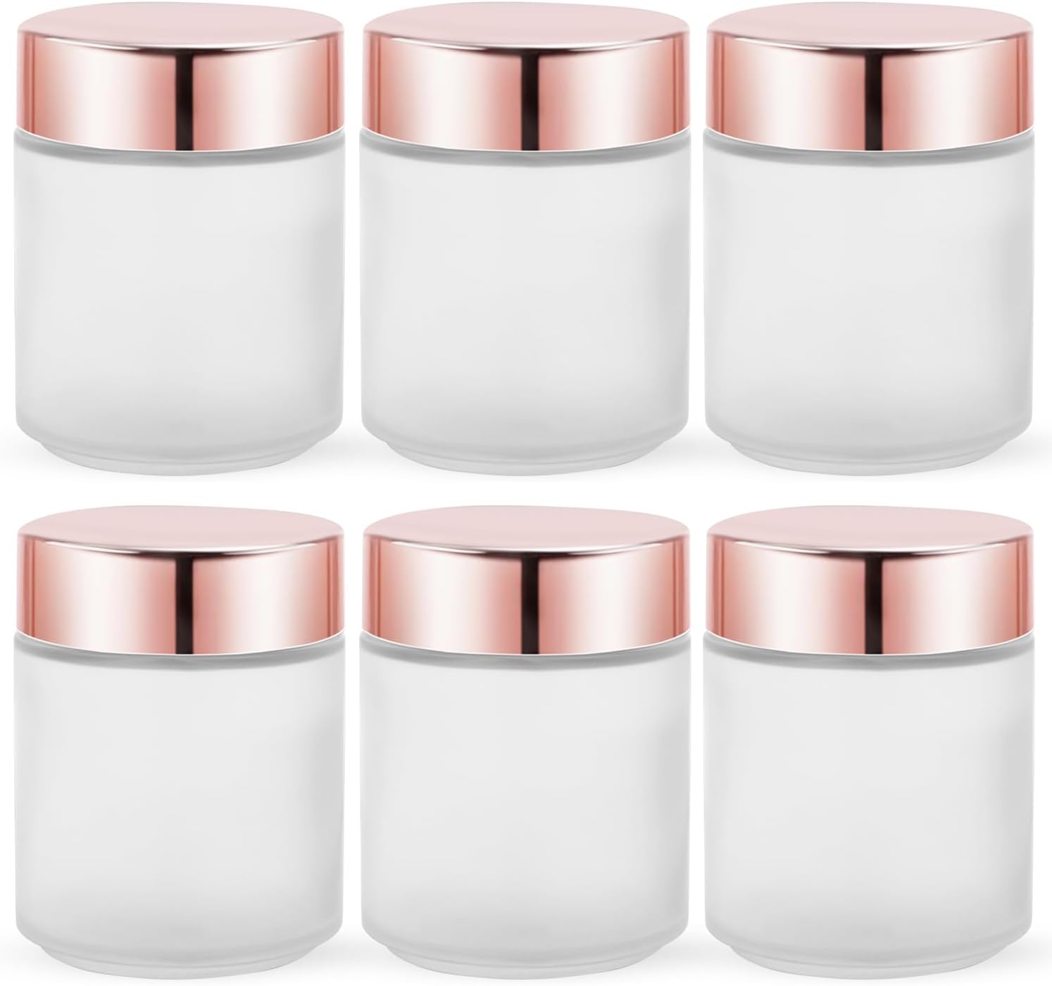 Paquete de 6 frascos redondos de vidrio blanco esmerilado de 8 onzas, tarros de vidrio vacíos para cosméticos con tapas de oro rosa, forros