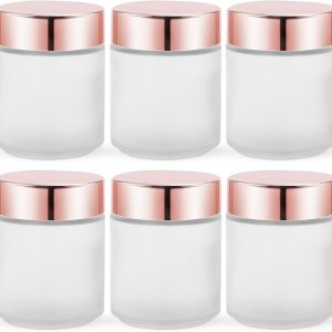 Paquete de 6 frascos redondos de vidrio blanco esmerilado de 8 onzas, tarros de vidrio vacíos para cosméticos con tapas de oro rosa, forros Paquete de 6 frascos redondos de vidrio blanco esmerilado de 8 onzas, tarros de vidrio vacíos para cosméticos con tapas de oro rosa, forros
