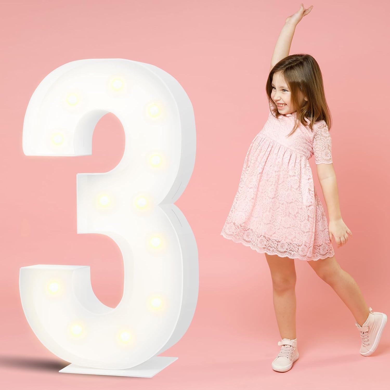 RUBFAC Números iluminados de marquesina de 3 pies, marco de globo de mosaico número 3, tablero de espuma precortado para decoraciones de cumpleaños,