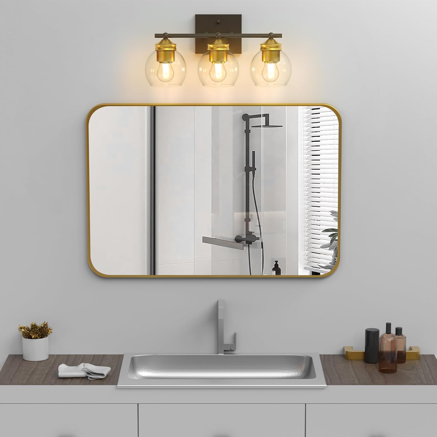NIORSUN 3 lámparas de baño negras y doradas, lámparas de baño con pantalla de globo de vidrio transparente y base E26, luces de baño sobre espejo,