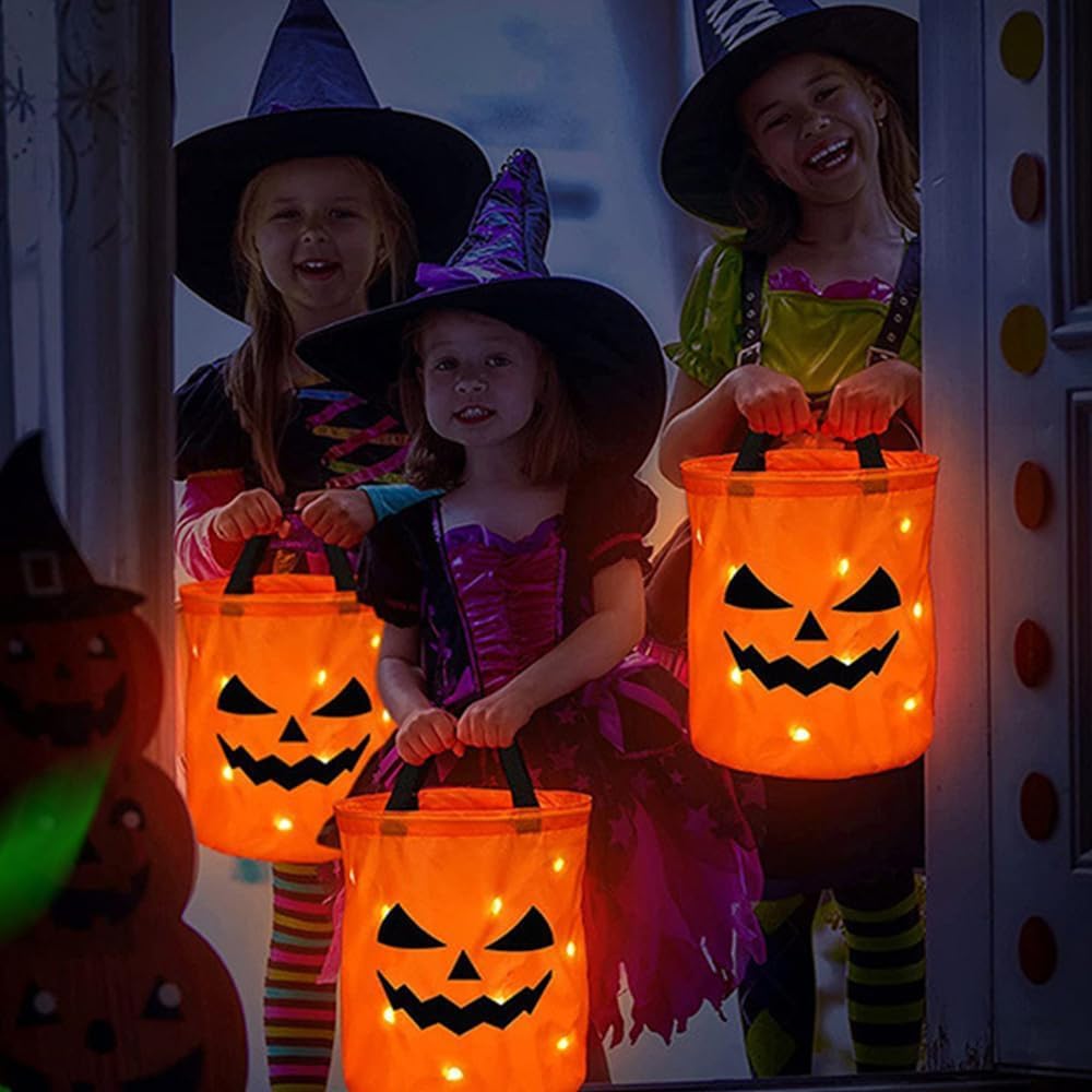 Bolsas de dulces de Halloween con luz LED para niños y adultos, cubo multiusos de Halloween para dulce o truco con cara sonriente de calabaza para