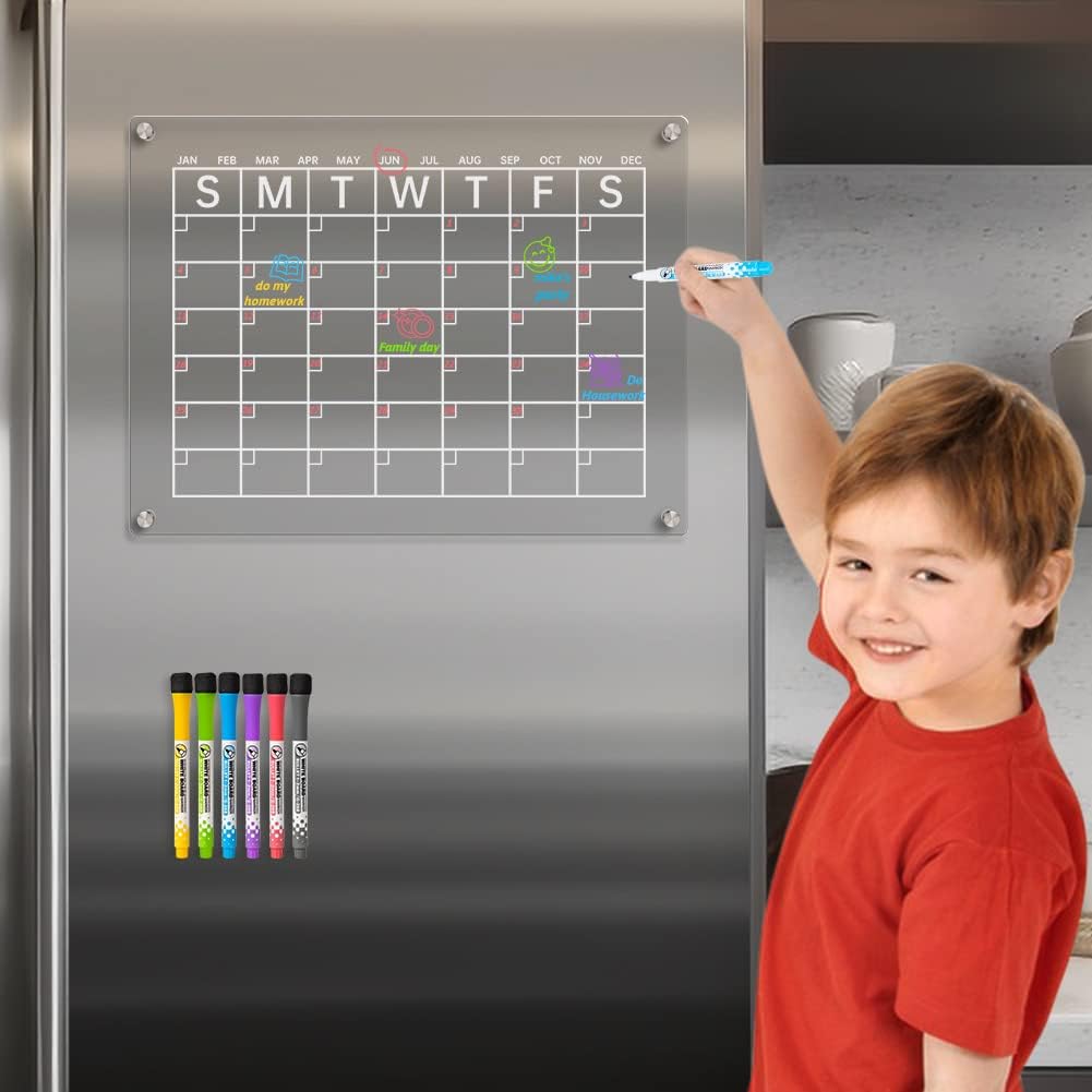 Calendario magnético acrílico de borrado en seco para refrigerador, calendario de borrado en seco transparente de 16.5 x 12 pulgadas para