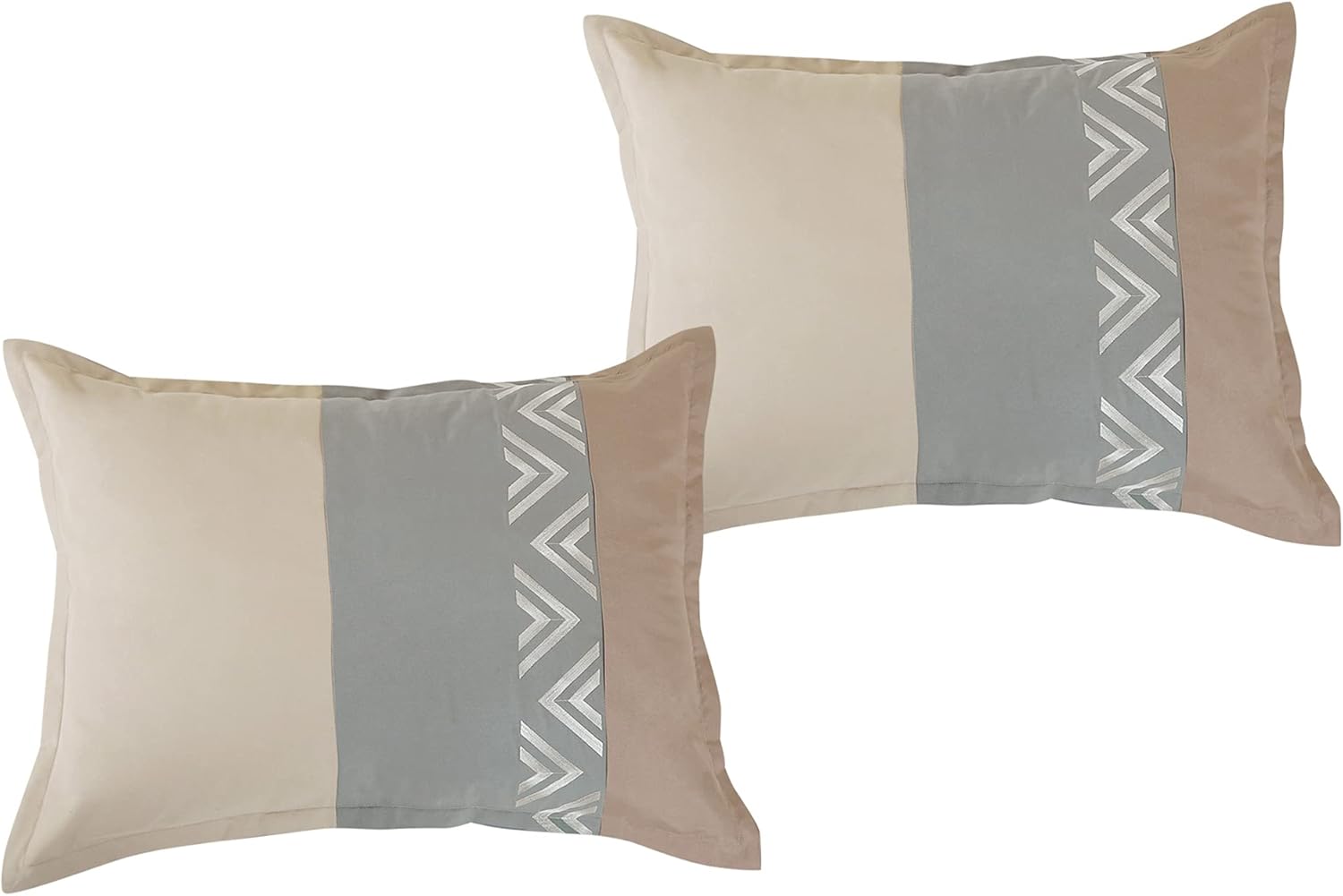 HIG Juego de edredón bordado de 7 piezas gris topo y gris con patrón geométrico de cheurón, juego de cama moderno de retazos, cama para todas las