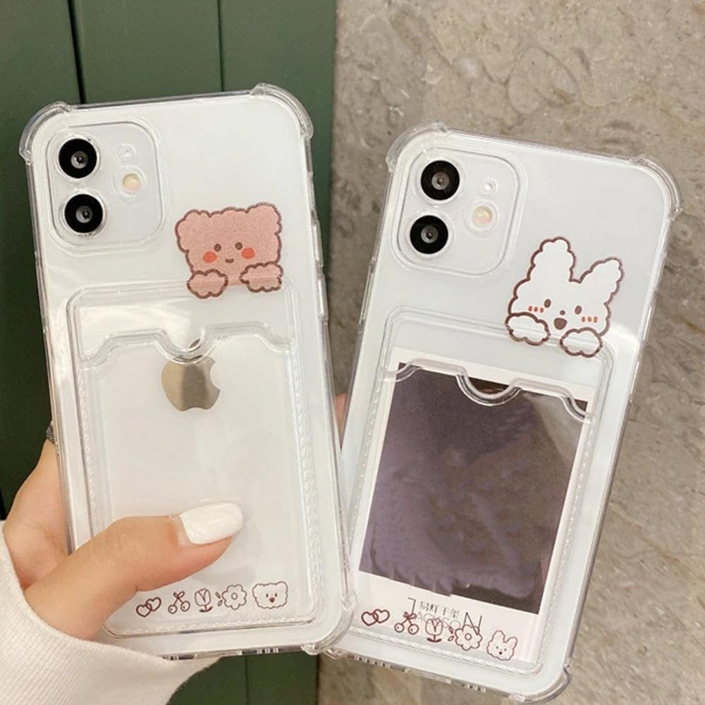 Casechics Funda compatible con iPhone, bonita funda de conejo de dibujos animados Kawaii, transparente, con ranura para tarjetas de crédito,