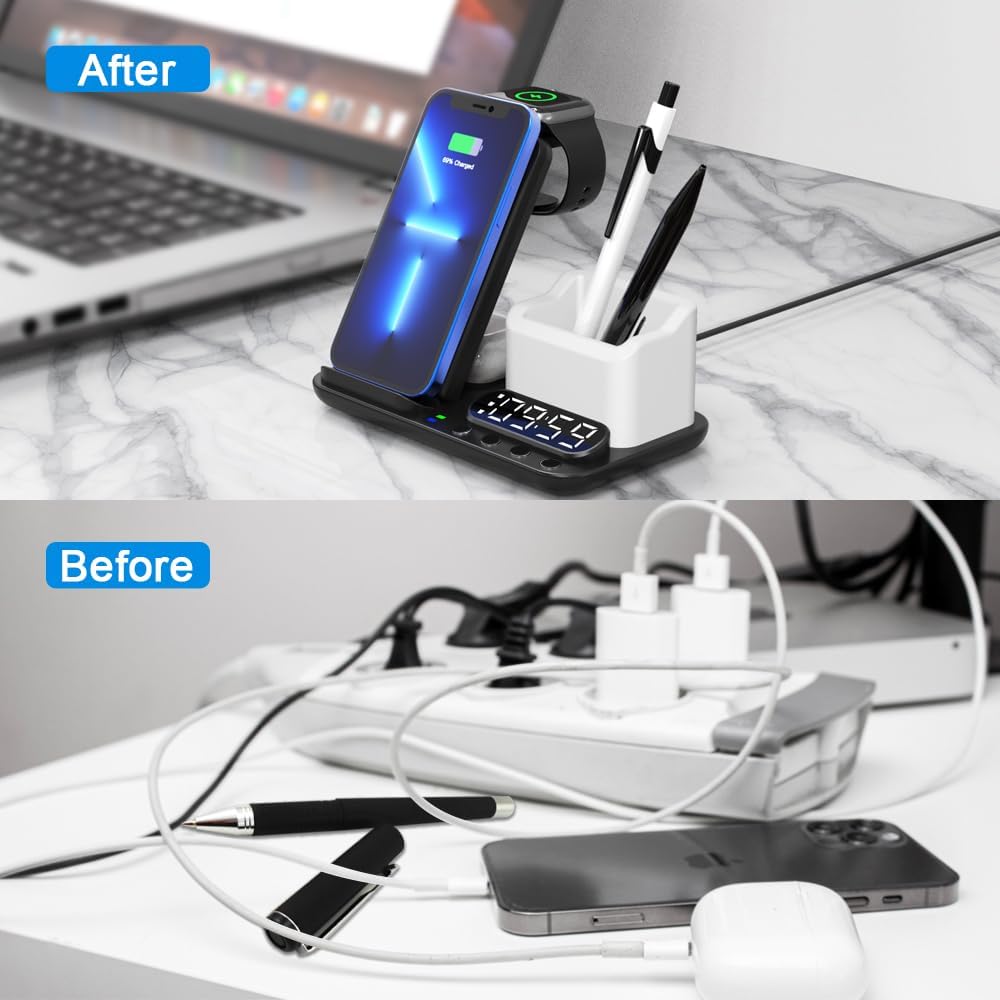 Plegable 6 en 1 con 2 bobinas, soporte de cargador inalámbrico rápido de 15 W y con reloj despertador digital y luz nocturna para iPhone 141312