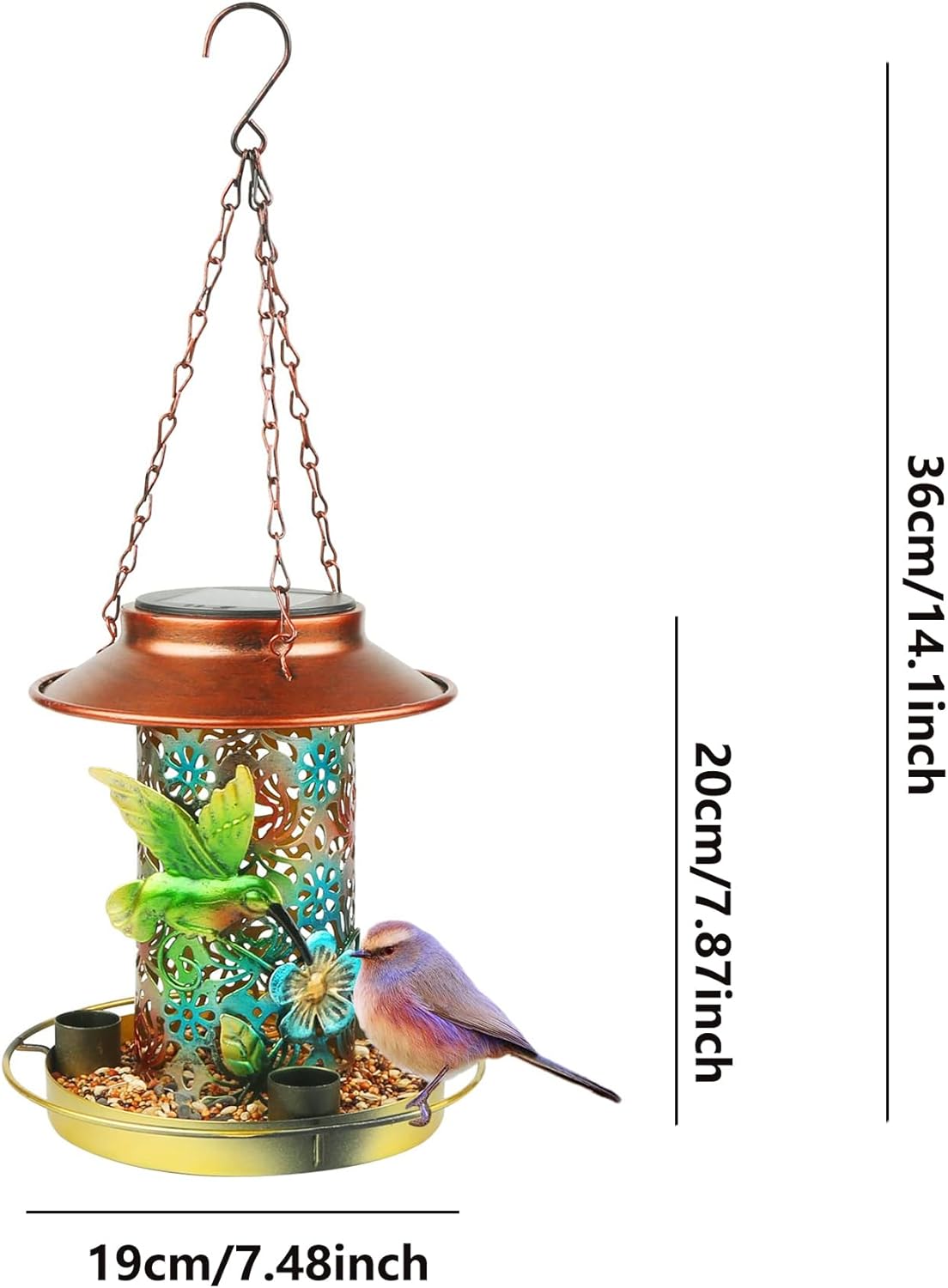 Comedero solar para pájaros para colgar al aire libre, comedero de colibríes, metal solar impermeable para exteriores, comederos cardenales, luz