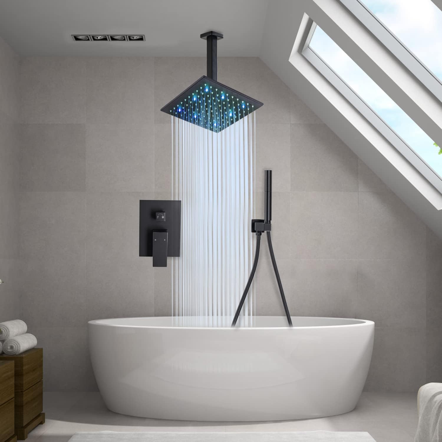 Juego de grifo de ducha LED montado en el techo, cabezal de ducha de lluvia de 10 pulgadas con rociador de mano 2 en 1, sistema de ducha LED,