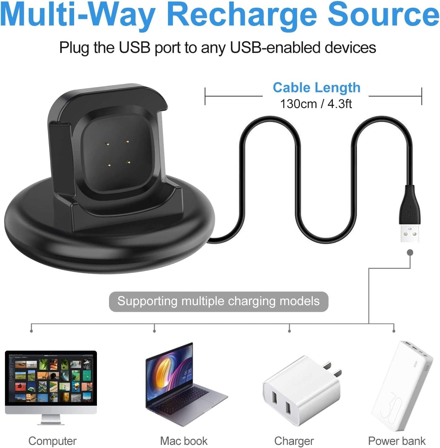 Base de carga compatible con Fitbit Sense 2Versa 4SenseVersa 3, soporte de carga antideslizante, cable USB de repuesto de cable USB de 4.3 pies,