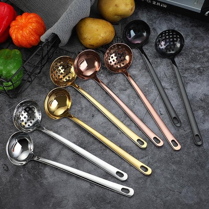 MBBITL Cucharón de sopa Skimmer Cuchara Set Grande 2.9 Pulgadas Tazón Mango Largo Colador Colador De Acero Inoxidable Servidor De Olla Caliente – Oro