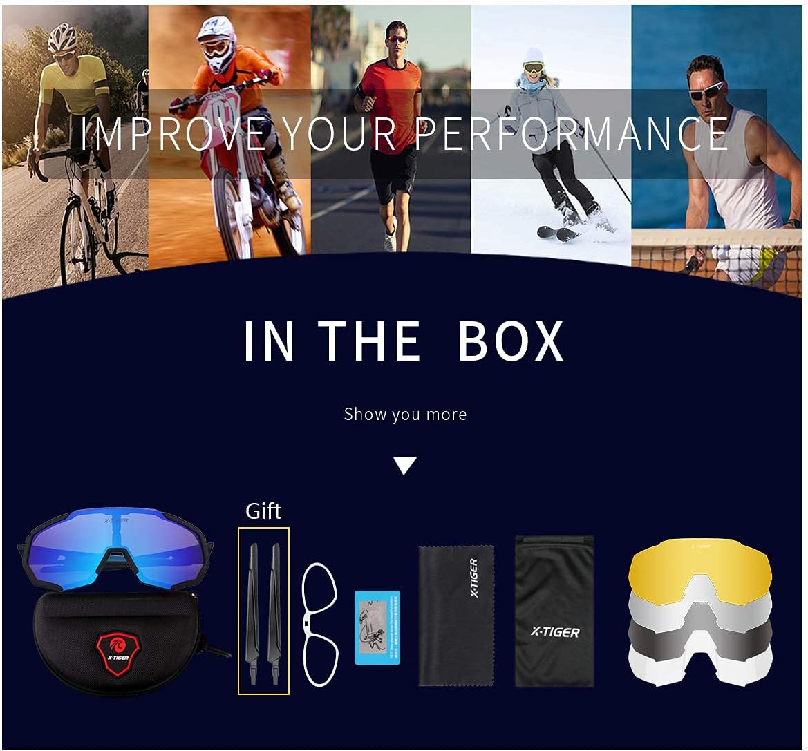X-TIGER Gafas de sol deportivas polarizadas con 5 lentes intercambiables, lentes de ciclismo para hombre y mujer, béisbol, correr, pesca