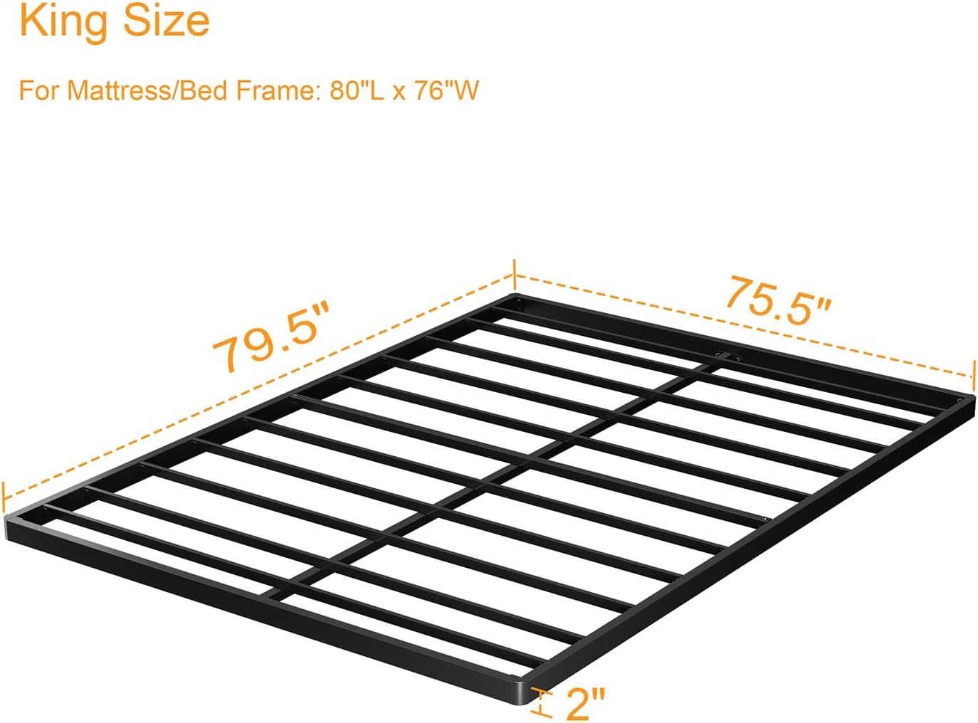 Somier King de 2 pulgadas de alto y listones de repuesto para cama, soporte de colchón resistente, marco de cama de perfil bajo, estructura de acero