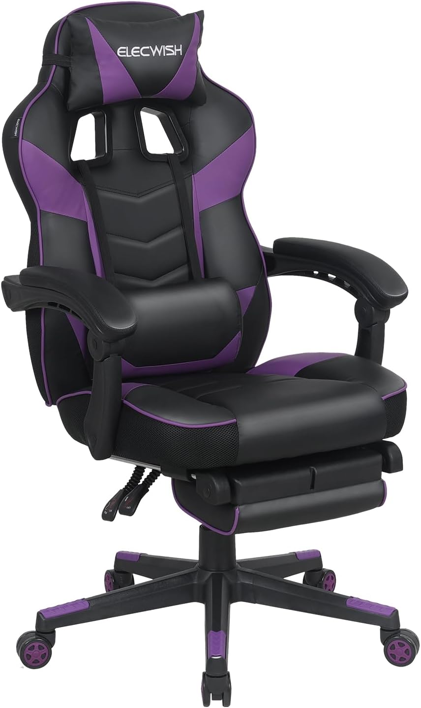 ELECWISH Silla de juegos de computadora con reposapiés, silla de jugador de respaldo alto, tamaño grande, ergonómica, ajustable, giratoria,