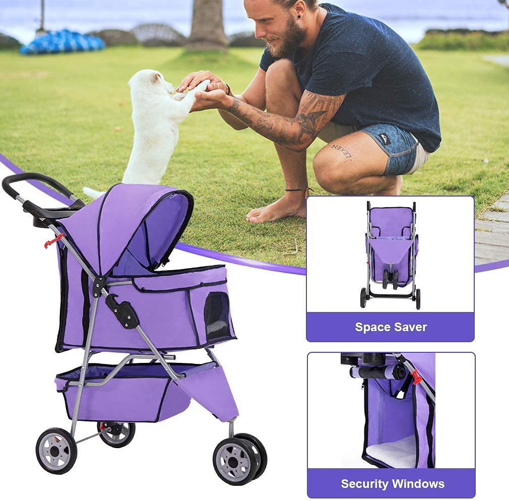 FLL Cochecito para perros y gatos con cesta de almacenamiento, plegable, ligero, para gatos, suave y fácil de caminar, para perros y gatos medianos