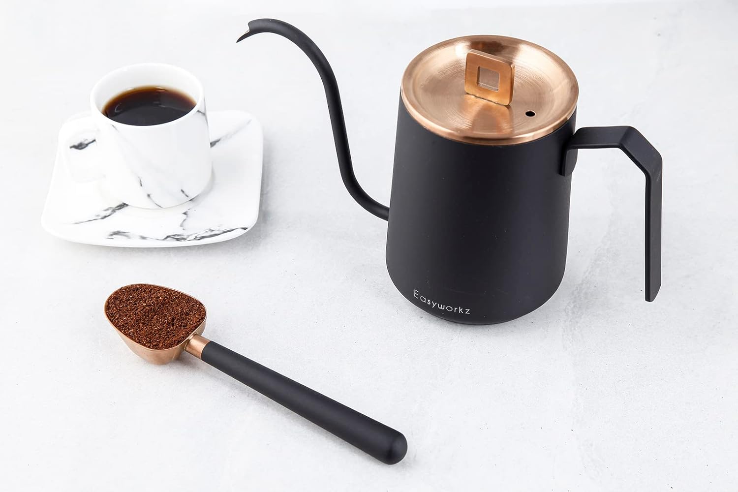 Easyworkz Cuchara de café de acero inoxidable con mango largo y hueco, cuchara medidora de 0.27 oz para café molido y té de hojas sueltas, oro rosa