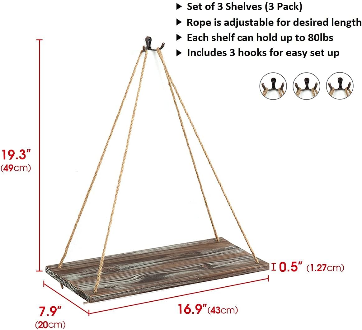 J JACKCUBE DESIGN MK555AAA – Juego de 3 estantes colgantes de madera rústica, decoración bohemia de habitación, estante de exhibición de cuerda