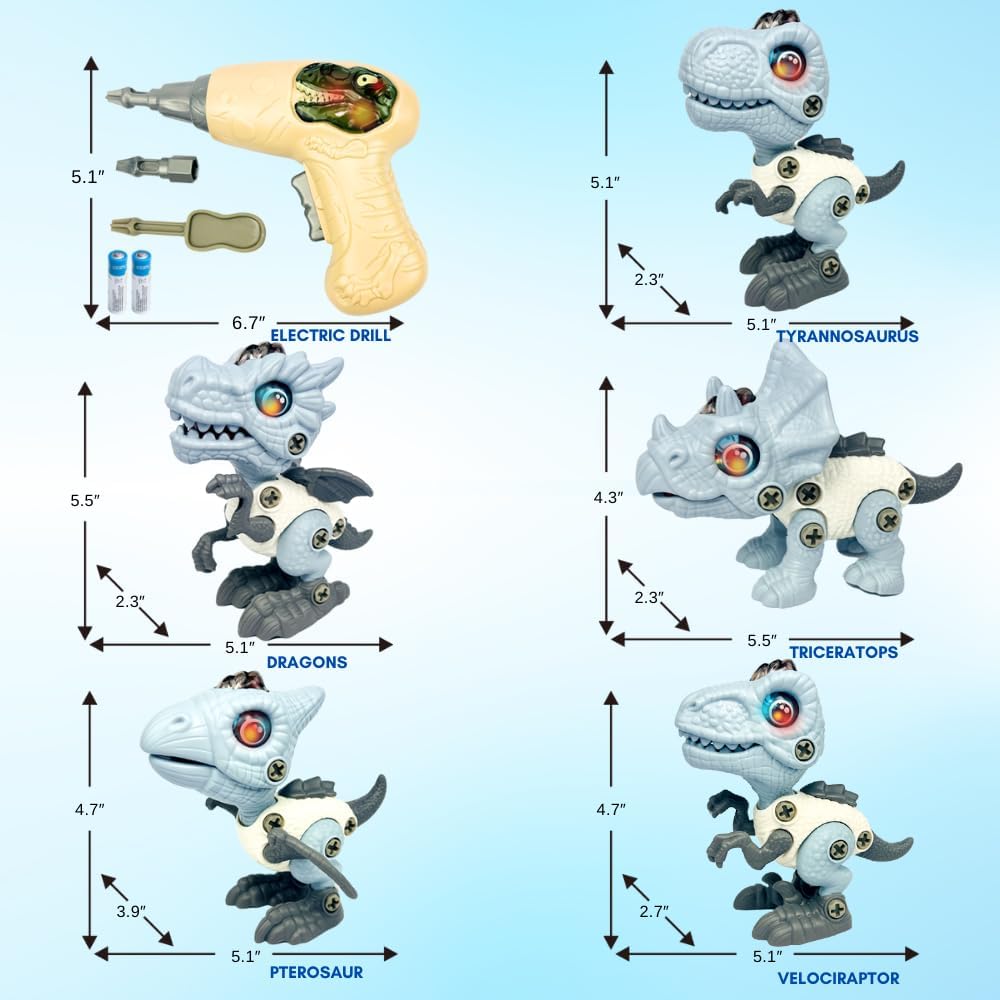 Juego de juguetes eléctricos de dinosaurios desmontables, paquete de 5 juguetes educativos de construcción de dinosaurios con sonido y luz, juguetes