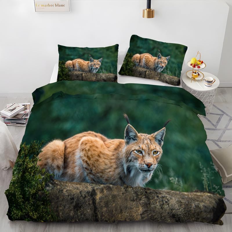 Dark Green Lynx California King Duvet Cover Animal Print Bedding Soft Microfiber Comforter Cover and 2 Pillow Shams 20″X36″, Bed Set Duvet Covers