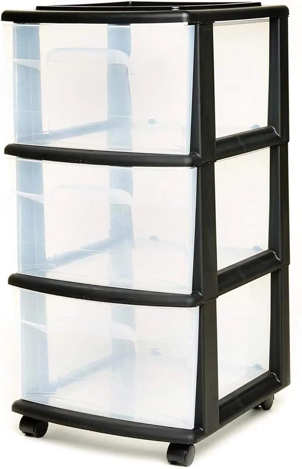 Homz Contenedor de plástico con 3 cajones transparentes medianos para organización del hogar con 3 cajones grandes con ruedas extraíbles, marco