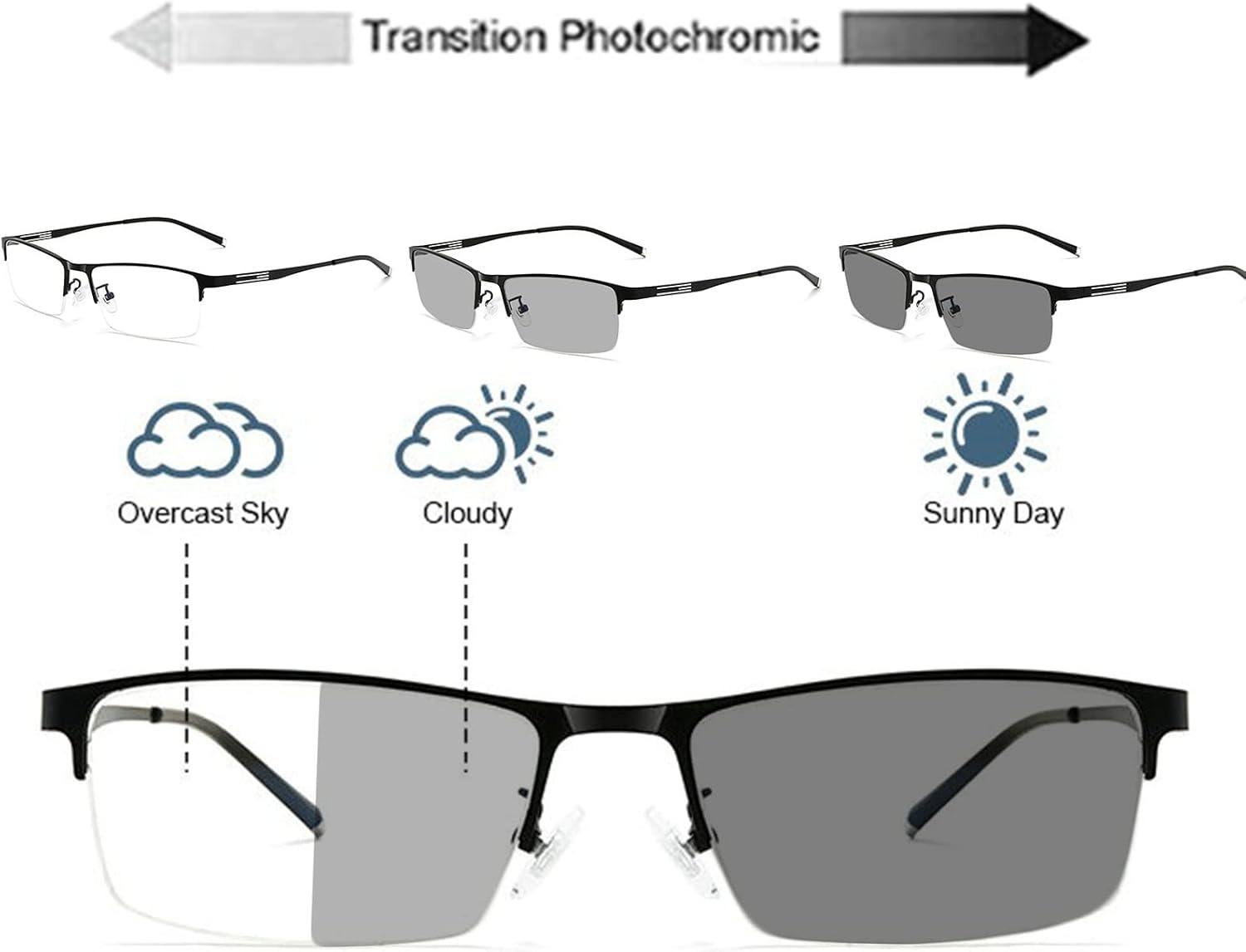 Medio marco de metal para negocios, lectura fotocrómica, visión ajustable para hombre, con lentes multifocales progresivas