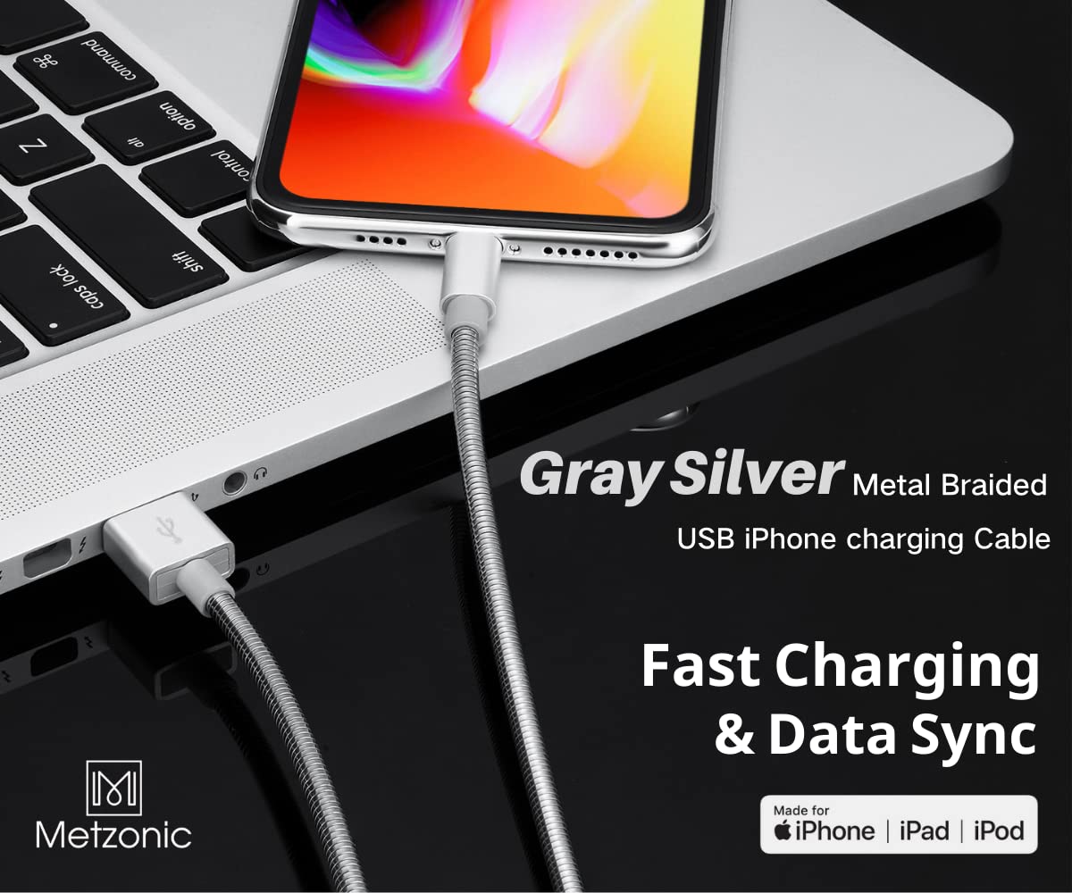 Cable de carga de metal certificado MFi de 3.3 pies de acero inoxidable trenzado de carga rápida, conector USB de alta velocidad, sincronización de