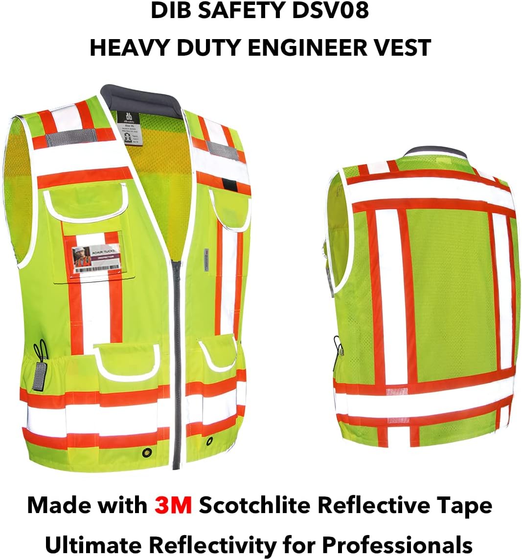 Chaleco reflectante resistente, chaleco de ingeniería de dos tonos de alta visibilidad, fabricado con cinta 3M, cuello acolchado, bolsillo retráctil