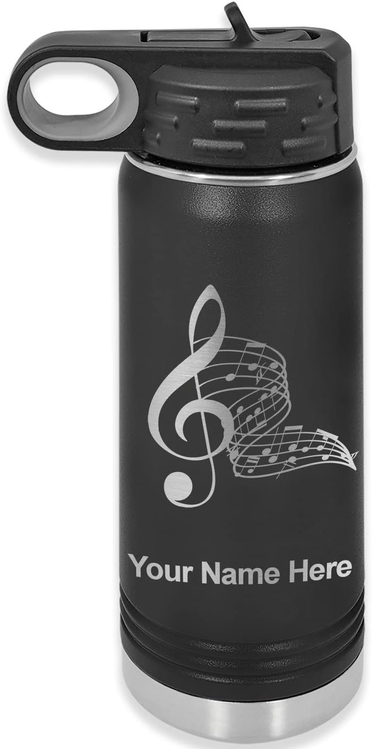 LaserGram Botella de agua con tapa abatible de doble pared de 20 onzas con pajilla, notas musicales, grabado personalizado incluido (negro)