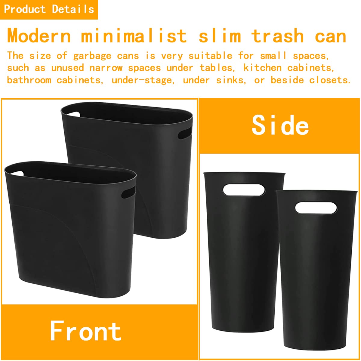Cesta de basura delgada de 3.2 galones, color negro, paquete de 2, cubo de basura pequeño de plástico con asas, capacidad de 12 litros
