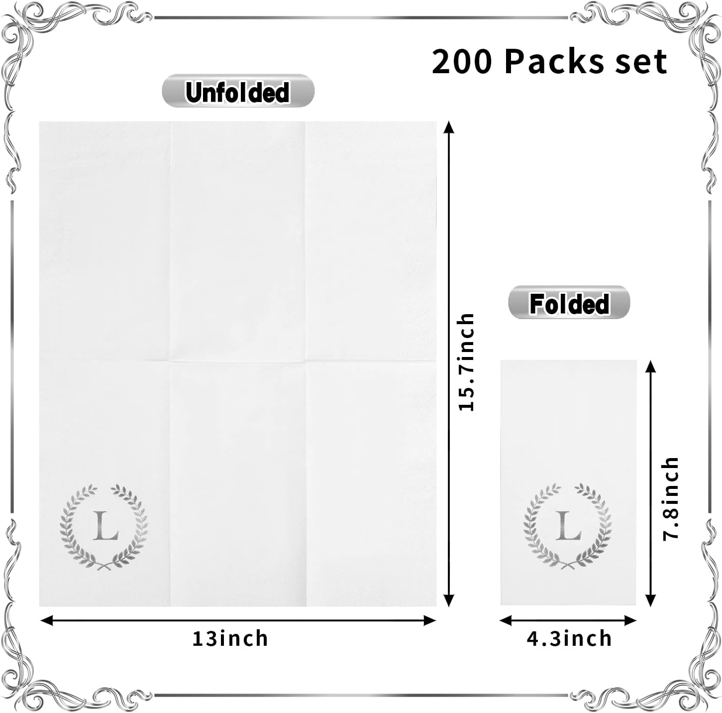 Paquete de 200 servilletas desechables con monograma de papel de aluminio plateado con letra L, toallas de papel desechables para boda, compromiso,