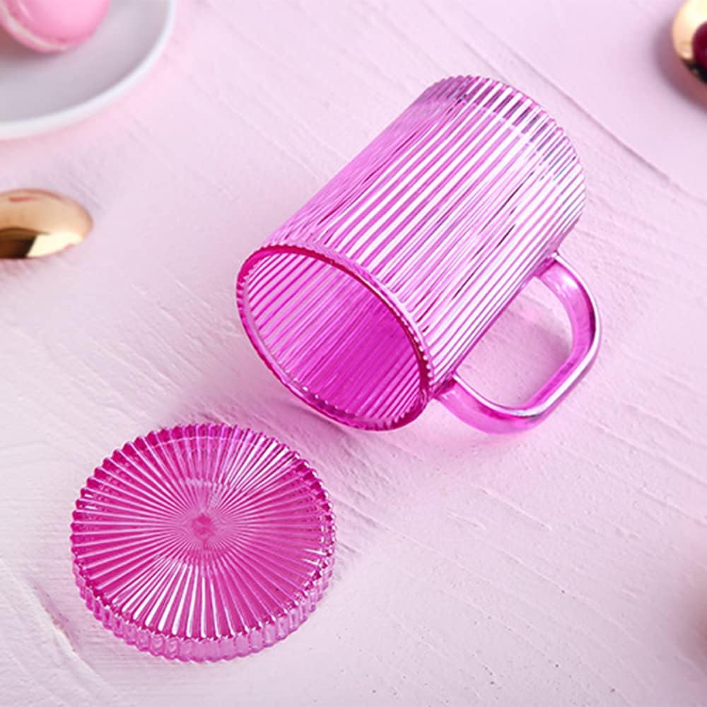 Tazas de café de vidrio transparente acanaladas vintage de 11 onzas, taza de café clásica con rayas verticales con tapa de vidrio para compromiso,