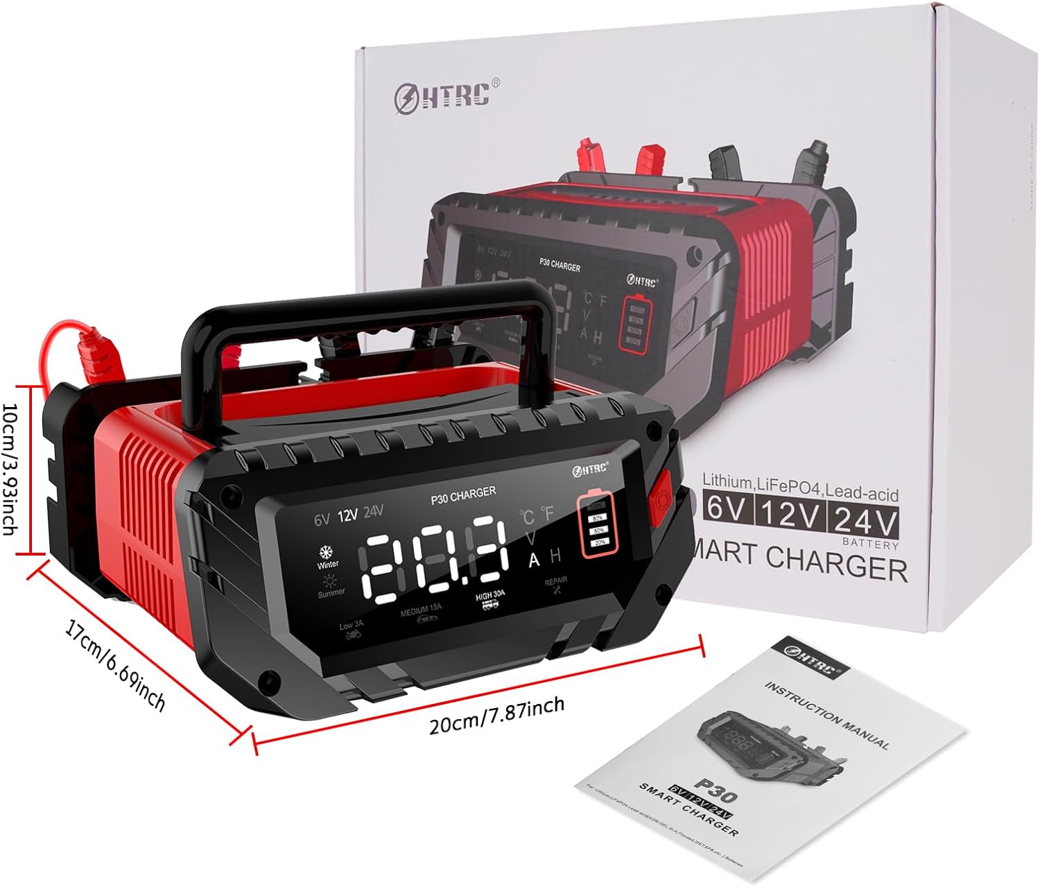 Cargador de batería de 30 amperios, cargador inteligente de goteo 6V12V24V, cargador de batería de coche, litio, Lifepo4, plomo ácido (AGMGelSLA…)