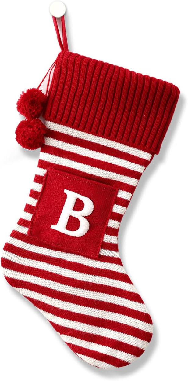 Calcetín de Navidad con inicial, monograma, a rayas, rojo, verde, con letras bordadas blancas, decoraciones navideñas, 01-B-Rojo