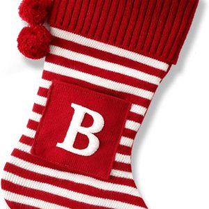 Calcetín de Navidad con inicial, monograma, a rayas, rojo, verde, con letras bordadas blancas, decoraciones navideñas, 01-B-Rojo Calcetín de Navidad con inicial, monograma, a rayas, rojo, verde, con letras bordadas blancas, decoraciones navideñas, 01-B-Rojo