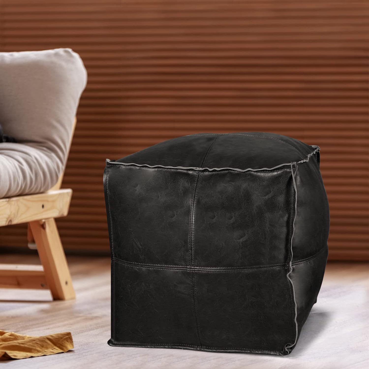 Louis Donné Funda otomana para puf, hecha a mano de piel sintética marroquí, otomana sin relleno, color negro cuadrado de 17.7 pulgadas, reposapiés